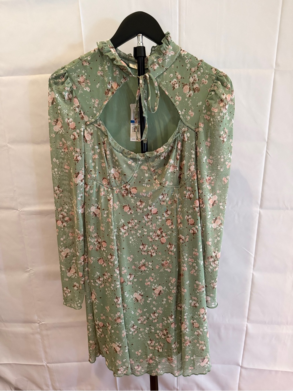 Ultra Flirt Sage Green Floral Long Sleeve Cutout Dress